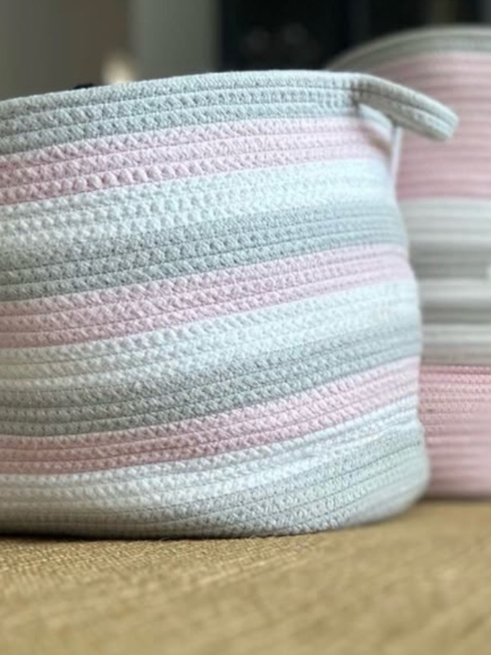 Pottery Barn Kids Pink, White & Gray Striped Rope Storage Basket